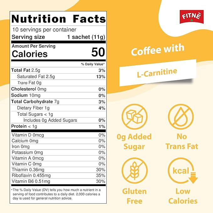 FITNE Instant 3 in 1 Coffee Packets Mix with L-Carnitine for Workout Exercise Vitamin B1 B2 B6 Smooth Blend No Sugar Sucralose Sweetener, 10 Sachets