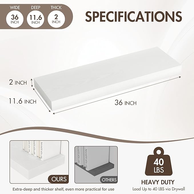 36 Inch Floating Shelves, 12" Deep Floating Shelf Wall Mounted, 36" Wall Shelves, Rustic Deep Bookshelf, Extra Deeper & Thicker Display Shelves for Bedroom, Living Room, White, Set of 2