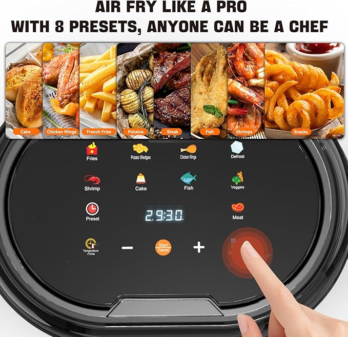 6QT All-Glass Air Fryer with 360° View - 8-in-1 Functions (Fries/Wings/Fish/Shrimp), Presets, Digital Touchscreen, Nonstick Basket, Dishwasher Safe, Extra-Long Design for Whole Fish & Asparagus