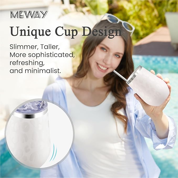 MEWAY 12oz Insulated Wine Tumbler Bulk, Double Wall Vacuum Stainless Steel Travel Tumbler with Straw,12 pack of wine tumbler(Almond Leopard,Set of 12)