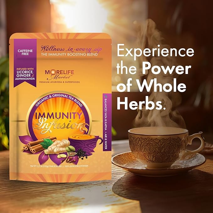 MoreLife Market Immunity Infusion Tea | Organic Ayurvedic Blend with Turmeric, Ashwagandha & Licorice | Family Wellness & Seasonal Support Dried Herbs Tea - 8oz (230g)
