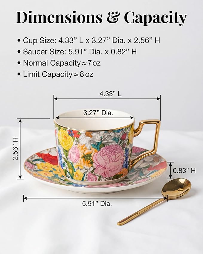 Exquisite Bone China Tea Cups and Saucer Set – Elegant Porcelain Tea Cups, Beautifully Detailed for Tea Lovers, Gift-Ready for Christmas, Hostess, Holiday Gift & Fall Decor