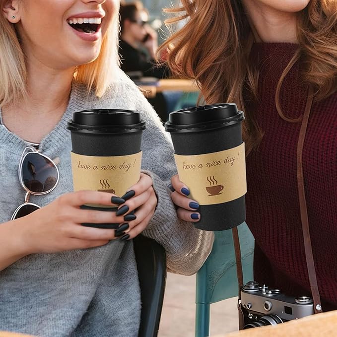 100 Pack 12 oz Coffee Cups with Lids, Disposable To Go Paper Coffee Cups with Sleeves and Stirring Sticks for Hot/Cold Drinks Office Home Shop Event (Black)