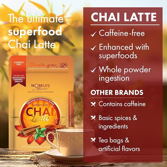 MoreLife Market Premium Superfood Chai Latte Tea | Caffeine-Free Ayurvedic Tea Powder for Immunity & Energy | Organic Turmeric & Shilajit Blend | Vegan, Non-GMO, Gluten-Free | 40+ Servings - 8oz