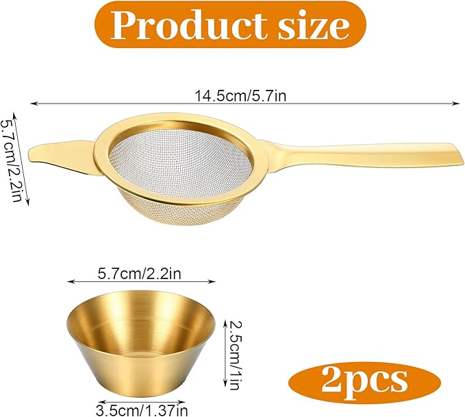 2.2" Matcha Sifter Strainer Tea Strainer 30 Fine Mesh Stainless Steel Fine Mesh Strainer Sieve Sifter with Handle Sieve Sifters Strainers with Base for Loose Tea Coffee Cocktail (Gold)