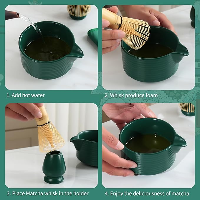 Dark Green Matcha Set,Matcha Whisk Set with Holder, Stainless Sifter & Scoop, Tea Towel,Traditional matcha making set,green tea ceremony,7Pcs