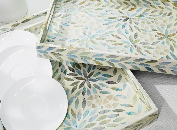 Serving Trays Handmade Trays for Serving Mother of Pearl Inlay Decorative Tray Room Decor, Coffee Table Tray Set of 2 Trays Decor for Ottoman Length 16'' and 14''