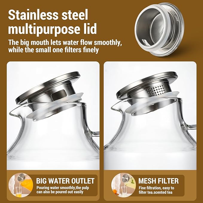 1 Gallon thickened Glass Pitcher with Lid and Spout, Borosilicate Glass Carafe for Hot/Cold Drink, Water Pitchers for Fridge, Extra Large Jug with Handle for Iced Tea, Coffee,Juice,Homemade Beverage