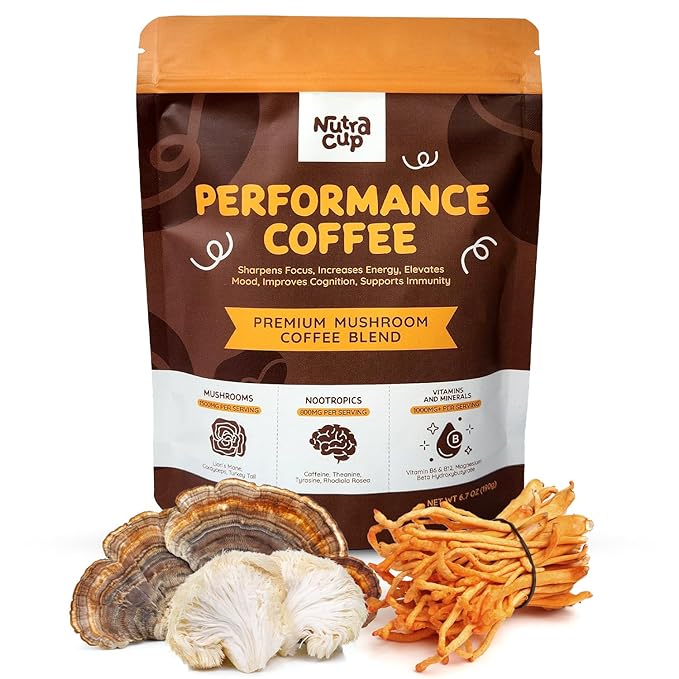 NutraCup Premium Adaptogenic Mushroom Coffee with Lions Mane, Cordyceps, Turkey Tail, & Nootropics for Better Focus, Energy, Digestion, and Immunity - 30 Servings