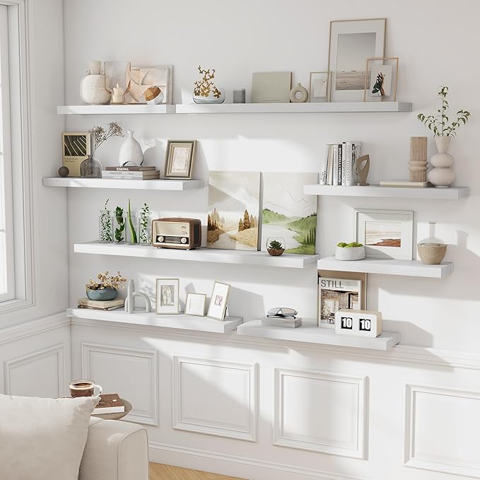 Floating Shelves for Wall, 24 Inch Floating Shelves Set of 2, Wall Mounted Rustic Wood Shelf for Bathroom, Living Room, Bedroom and Kitchen, Hanging Shelf for Storage, Books, Home Decor, White