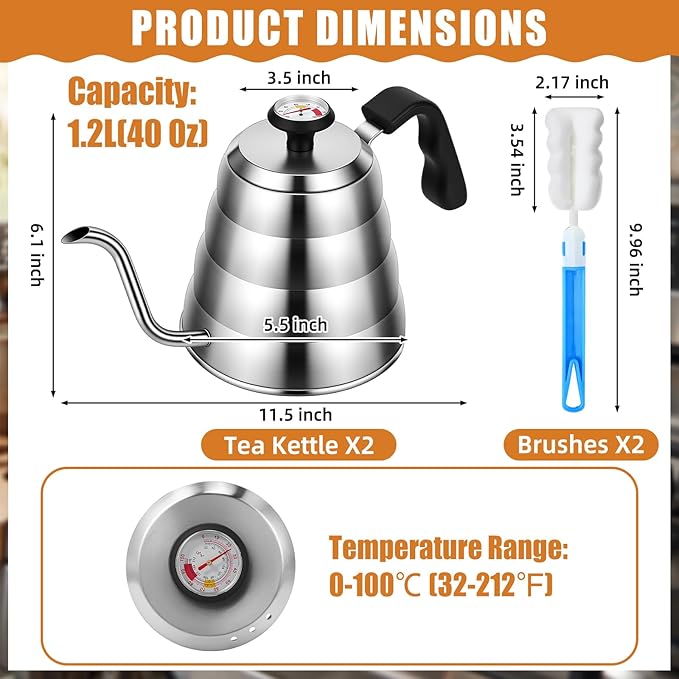 2 Sets Tea Kettle with Thermometer Pot and 2 Pcs Brushes, 40 Fl oz Stainless Steel Gooseneck Pour over Coffee Maker Teapot Pour over Coffee Kettle, 1200ml for Home Kitchen Camping
