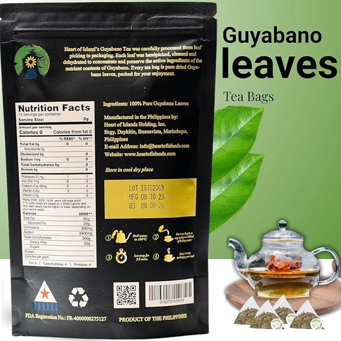 Heart of Islands KOSHER & HALAL Certified Soursop Tea Bags (2g Each) – Premium Guyabano (Graviola) Leaves from the Philippines – Organic Herbal Tea Bags Caffeine Free with Zero Calories 15 Count - Pack of 3