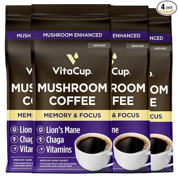 VitaCup Focus Mushroom Coffee Grounds, with Lions Mane, Chaga, B Vitamins, D3, Boost Focus, Immunity, Memory & Clarity, Medium Dark Roast, Bold & Smooth 100% Arabica Specialty, 4 bags, 10oz each
