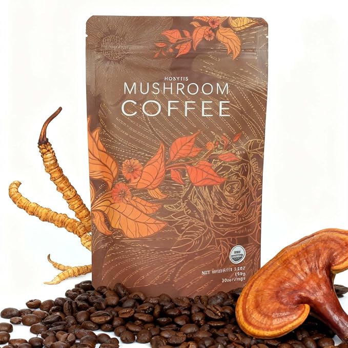Organic Instant Mushroom Coffee with Lion's Mane, Reishi, Cordyceps, Shiitake, King Trumpet & Turkey Tail Coffee,30 Servings 6.35 oz for Greater Energy, More Focus, Better Digestion, and Gut Support(1 Pack)