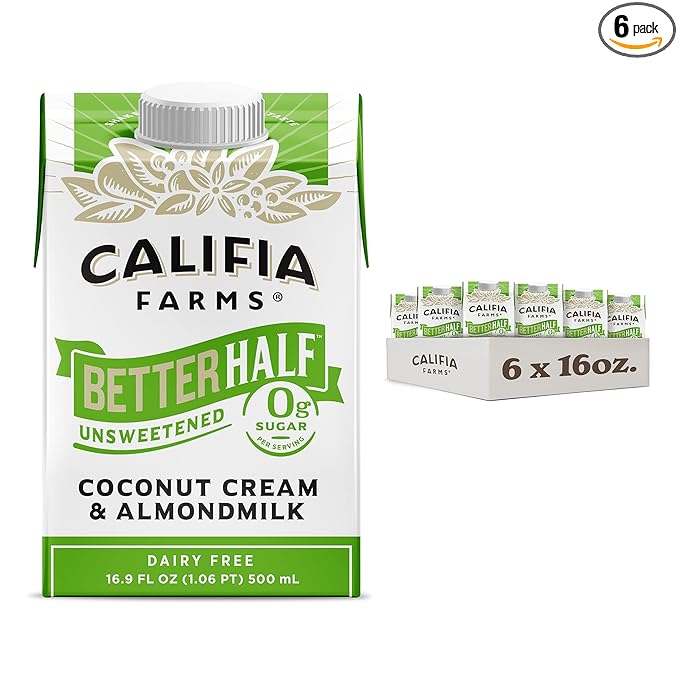 Califia Farms - Unsweetened Better Half, Half And Half Substitute, 16.9 Oz (Pack of 6), Almond Milk, Coconut Cream, Coffee Creamer, Keto, Shelf Stable, Dairy Free, Plant Based, Vegan
