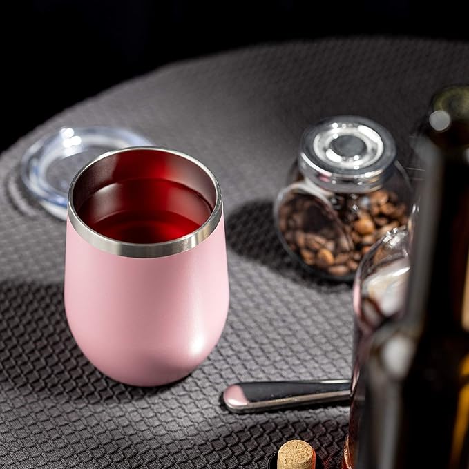 COMOOO Stainless Steel Wine Tumbler Glass Bulk with Lid and Straw 12oz Double Wall Vacuum Insulated Travel Tumbler Cup for Coffee Wine Cocktails Ice Cream Cup, Pink, 16 pack