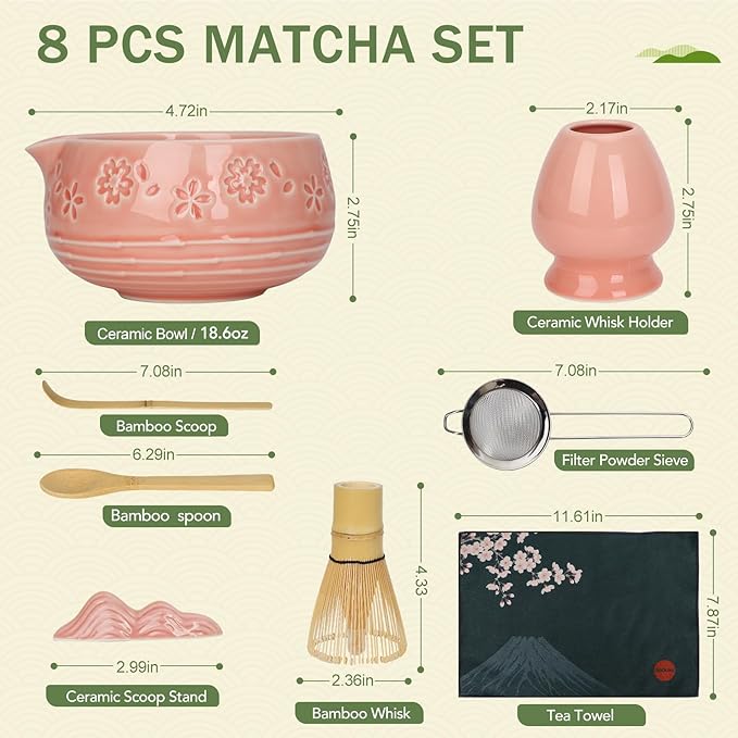 Matcha Whisk Set, Ceramic Bowl with Spout, Bamboo Matcha Whisk & Spoon, Chasen Holder, Scoop Rest, Sifter, 8-Pcs Japanese Ceremony Matcha Powder Kit–Christmas Gift for Women-Pink