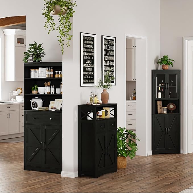 Black Farmhouse Kitchen Pantry Cabinet With Doors and Shelves, Coffee Bar Storage, Freestanding Floor Hutch Cupboard for Kitchen, Laundry, Living Room