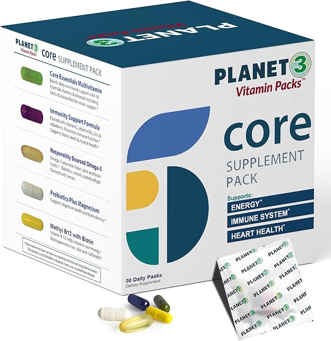 Daily Vitamin Packs for Men & Women – Immune, Energy & Heart Support with Vitamin D3, Omega-3, Probiotics, Methyl B12 & Vitamin C – Multivitamin with Lutein – Planet 3 Vitamin Packs, 30 Packets