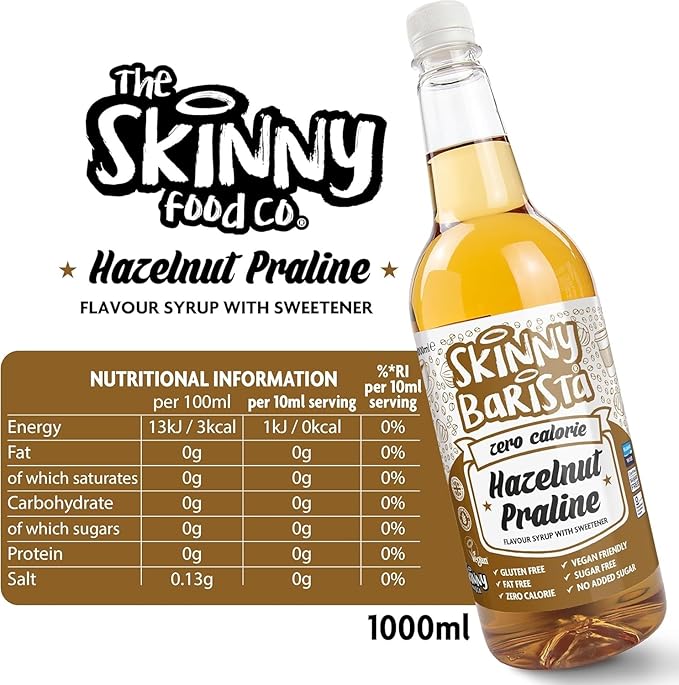 Skinny Food Co Hazelnut Praline Syrup Zero Calorie 35 Fl Oz - Sugar Free Hazelnut Coffee Syrups For Tea, Hot Chocolate, Fruit, Baking, Protein Drinks - Vegan-Friendly, Gluten-Free & Fat-Free