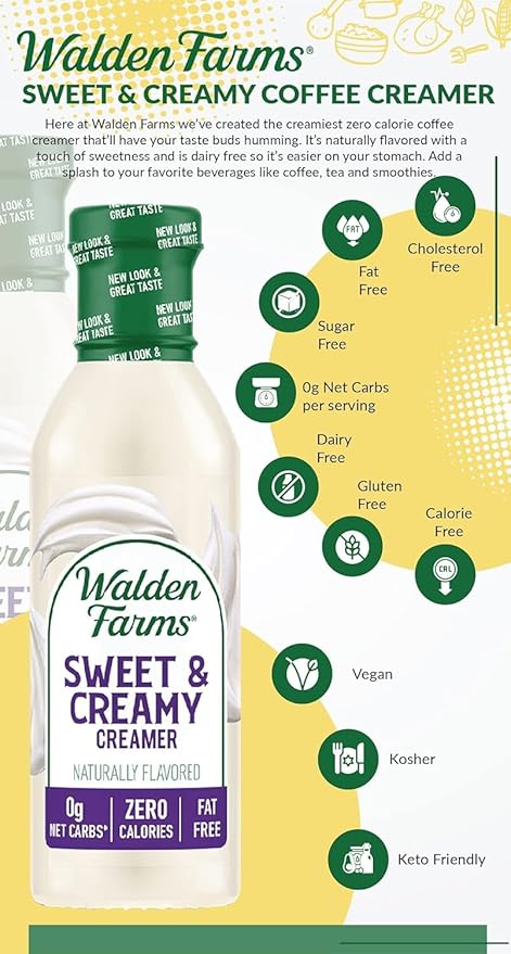 Walden Farms Sweet & Creamy Coffee Creamer – Zero Calorie, Sugar Free, Keto & Fat Free Non-Dairy Creamer for Coffee, Lattes & Iced Drinks – 12 oz Bottle