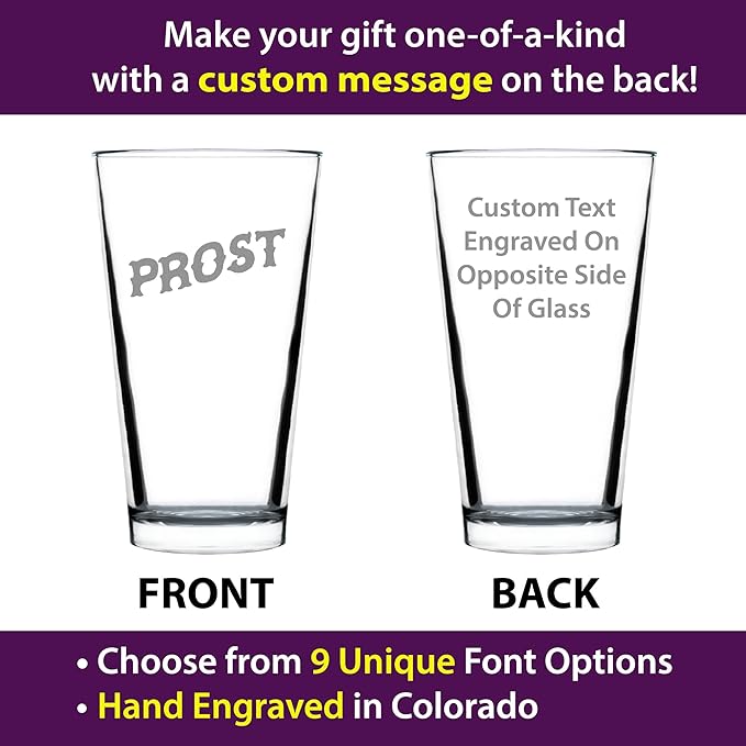 Custom Prost - German Cheers - Fun Pint Glasses for Beer - Germany Themed Party Decor for Men and Women - 16 oz Large Mug