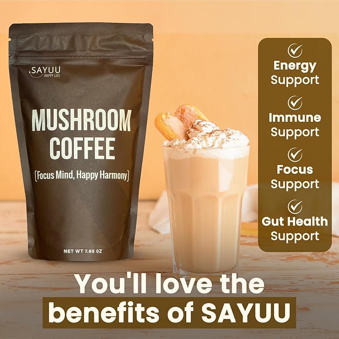 SAYUU Mushroom Coffee Blend – Focus, Energy & Harmony – Vegan, Functional Mushrooms, Cordyceps, Lion’s Mane & Reishi –Dietary Supplement - 30 Servings