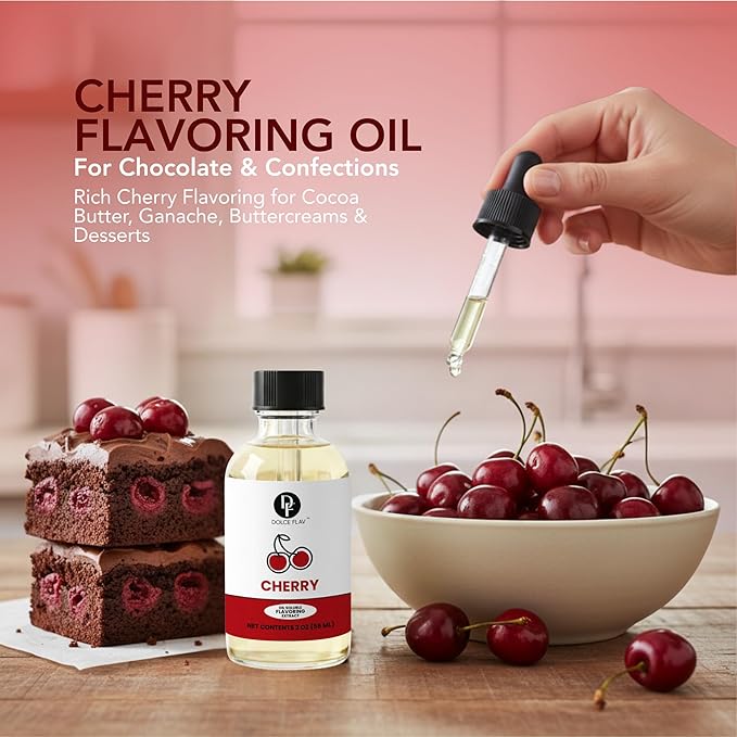 Dolce Flav Cherry Extract – 2 Ounce Oil-Soluble Kosher, Sugar-Free, Concentrated Fruity Flavor for Candy, Chocolates & Desserts, Includes Measured Dropper