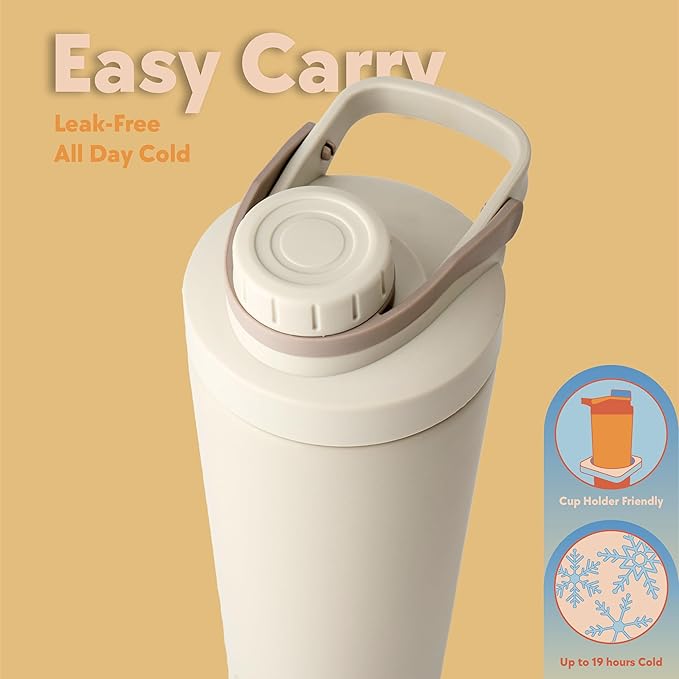Paradise Shaker Bottle 24 oz, Insulated Stainless Steel Protein Shaker, Dishwasher Safe, with Lid Brush & Protective Boot, Leakproof Twist-Off Chug Cap, Warm Gray, Joshua Dusk