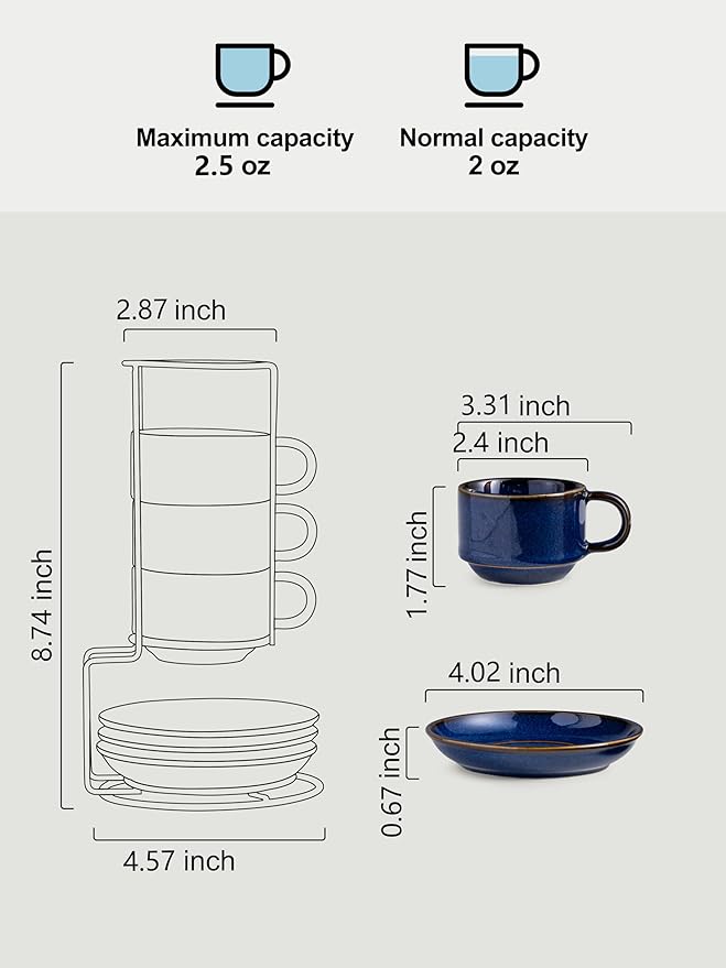 Gomakren 2.5 Ounce Espresso Cups Set of 4, Small Stackable Coffee Cups with Saucers and Metal Stand, Christmas Porcelain Demitasse Cups for Specialty Coffee Drinks, Espresso, Cappuccino, Cobalt Blue
