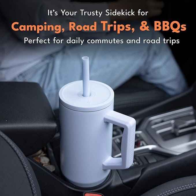 Elemental 40 oz Tumbler with Handle and Straw - Spill Proof Insulated Stainless Steel Commuter for Hot and Cold Beverages - Travel Coffee Mug with 2 Straws & Spill Proof Lid - 40oz - Ice Blue