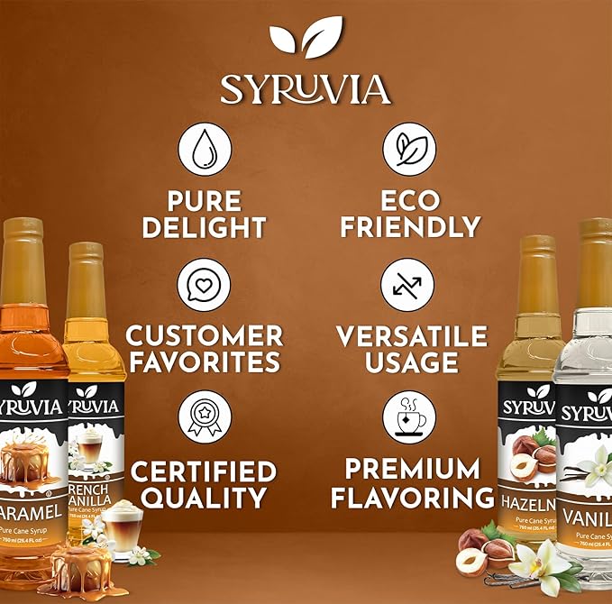 Syruvia Syrup Coffee Flavors Variety Pack: Caramel, French Vanilla, Vanilla & Hazelnut - 25.4 fl oz bottles - Elevate Your Coffee Experience! (Pack of 4)