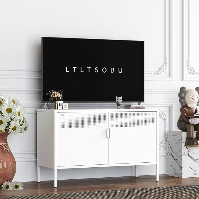 White Metal Storage Cabinet with 2 Doors - 25''H TV Stand, 2 Tier Locker with Adjustable Shelves, Multipurpose TV Cabinet for Office, Home, Living Room, Kitchen