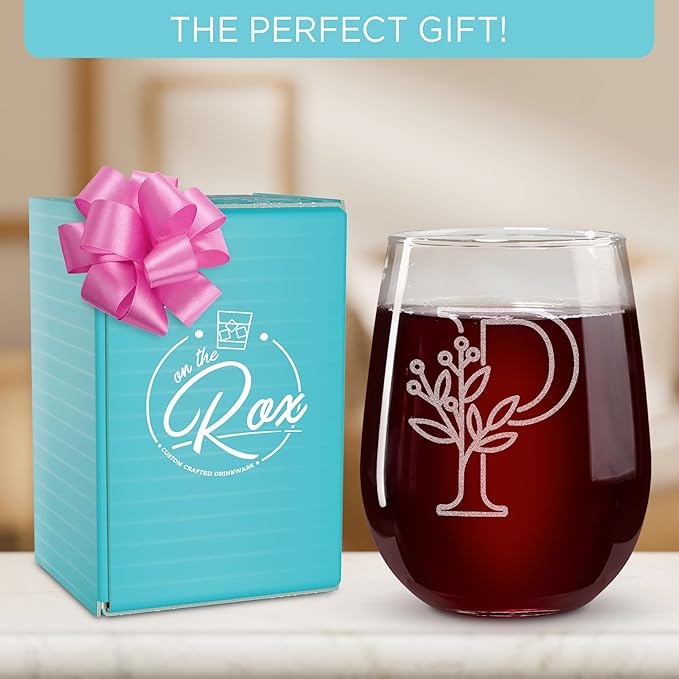 On The Rox Drinks Monogrammed Gifts For Women and Men - Letter A-Z Initial Engraved Monogram Stemless Wine Glass - 17 Oz Personalized Wine Gifts For Women and Men (P)