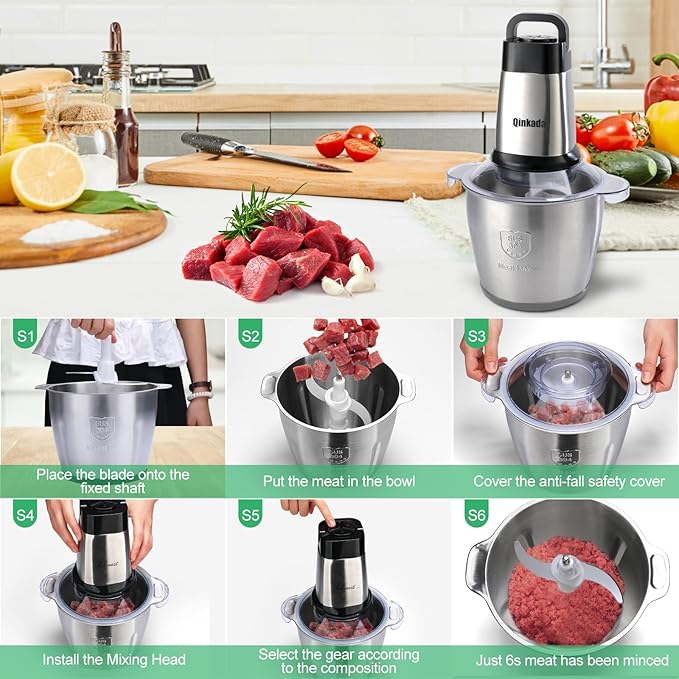 Food Processor, 500W Powerful Meat Grinder, 14Cup Stainless Steel Bowl, 3 Speed Modes 4 Bi-Level Blades for Onion, Meat, Nuts, Fruit, Garlic, Vegetable, Baby Food