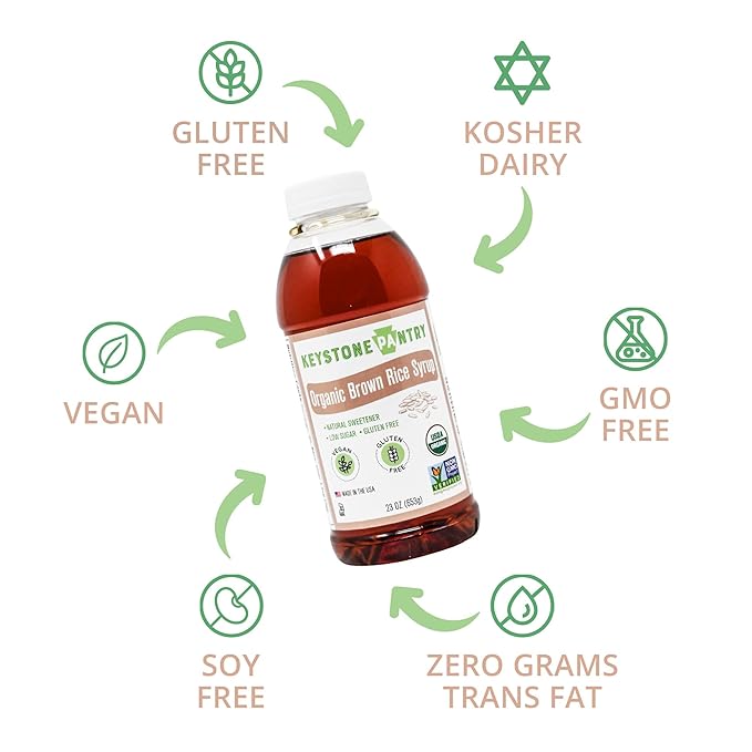 Keystone Pantry Organic Brown Rice Syrup – 23 OZ Bottle – Vegan and Gluten Free – HFC, Corn Fructose Syrup Substitute – for Baking – Great for Homemade Granola Bars – Coffee Sweetener – DE 42 – 1 BOTTLE