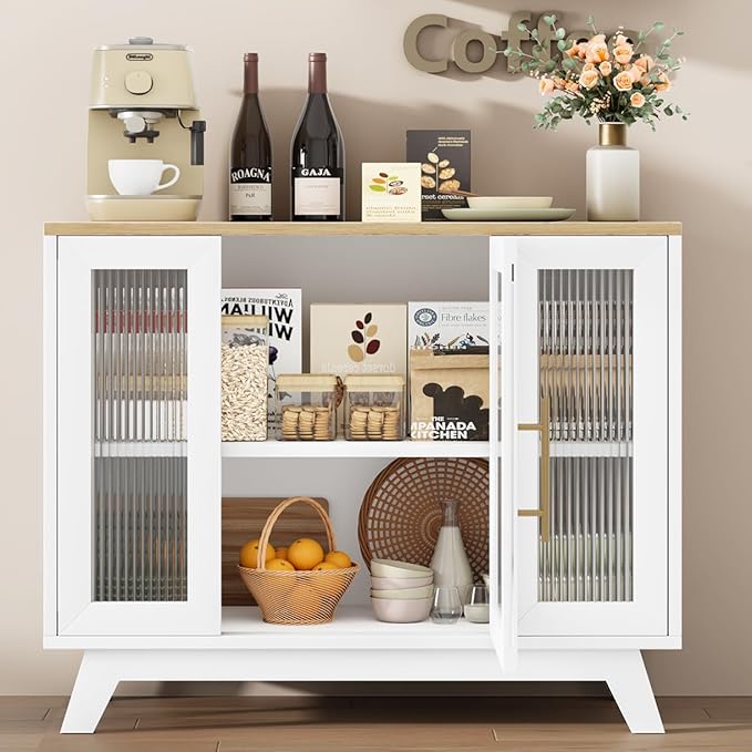 CABIHOME Buffet Cabinet, 36" Sideboard Buffet Storage Cabinet with Adjustable Shelves and Fluted Glass Door, Modern Coffee Bar, Table for Kitchen, Dining Room, Natural