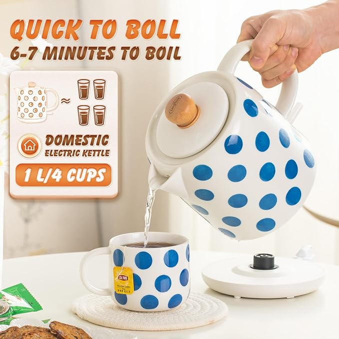 1.0-Liter Ceramic Electric Kettle, 1000W Rapid Boil, Tea Kettles Pot & Hot Water Boiler For Coffee & Tea, Teapot Auto Shut-Off, Boil-Dry Protection