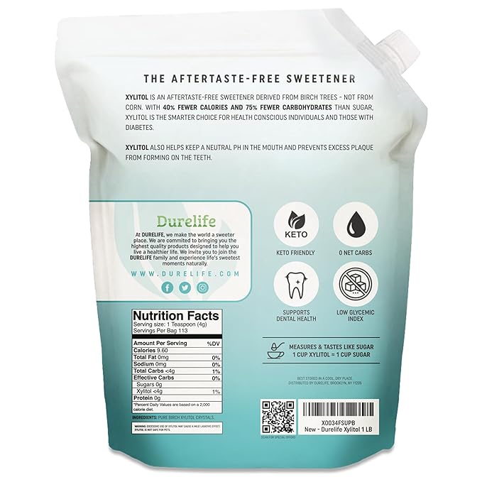 DureLife XYLITOL Sugar Substitute 1 LB (16 OZ) Made From 100% Pure Birch Xylitol NON GMO - Gluten Free - Kosher, Sugar alternative,