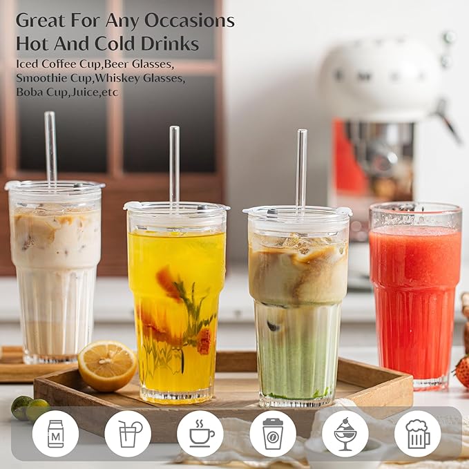 INSETLAN 20 oz Clear Glass Tumbler Set with Lids and Straws – 4-Pack Iced Coffee Cups with Glass Straws & Brushes, Reusable Drinking Glasses for Smoothies, Tea, Juice, Beer, Cold Beverages