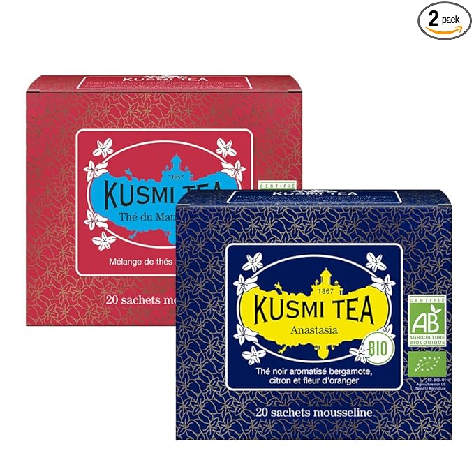 Kusmi Tea - Pack of 2 Boxes of Tea Bags - Anastasia + Russian Morning No.24 - Organic Black Tea with Bergamot + Asian Black Tea Blend - Grand Yunnan, Ceylon and Assam - 2x20 Tea Bags