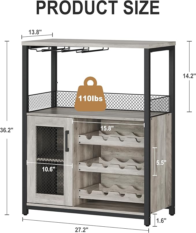 Vintage 3-Tier Wine Bar Cabinet with Adjustable Shelves, Glass Holders, Mesh Door, Small Buffet Sideboard Liquor & Coffee Bar Cabinet for Kitchen, Dining Room, Living Room