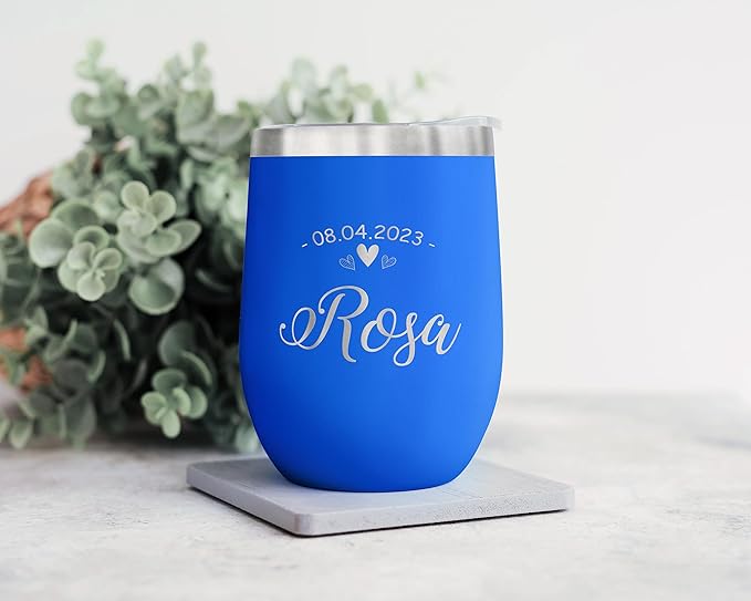 Gifts Inscribed Personalized Wine Tumbler with Lid – Blue Custom Engraved Stainless Steel Insulated Mug for Hot & Cold Drinks – Customized Bridesmaid, Wedding, or Birthday Gift