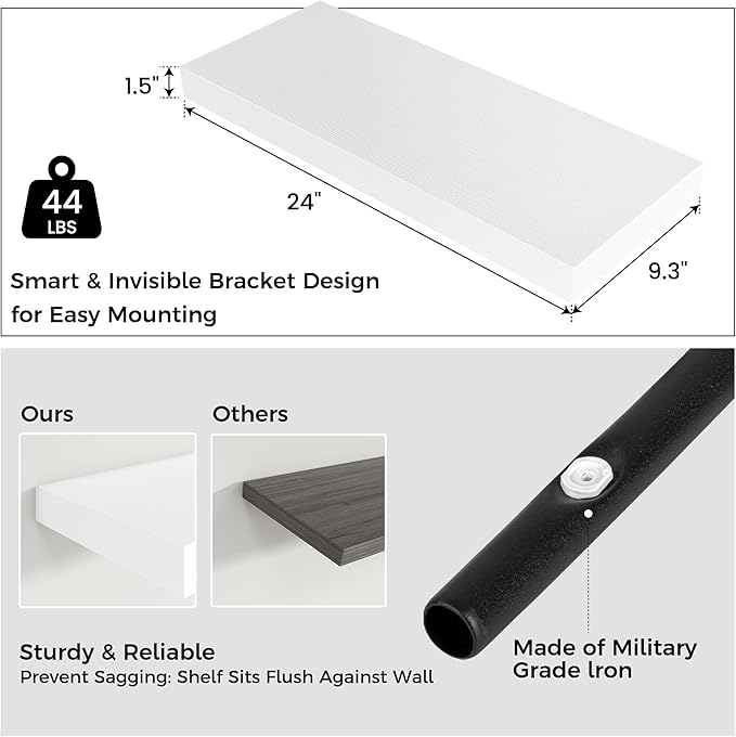 Floating Shelves for Wall, Engineered Wood Wall Shelves with Invisible Brackets for Living Room Bedroom Bathroom Office Kitchen Decor and Storage (White, 24" W x 9" D x 1.5" H) Set of 2