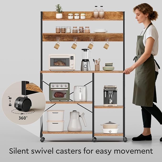 Kitchen Bakers Rack with Storage，Microwave Stand with Wheels，with Adjustable Shelves，Kitchen Shelves，Coffee Bar with 10 S-Shaped Hooks，35.4 * 15.8 * 61 Inches，Rustic Brown