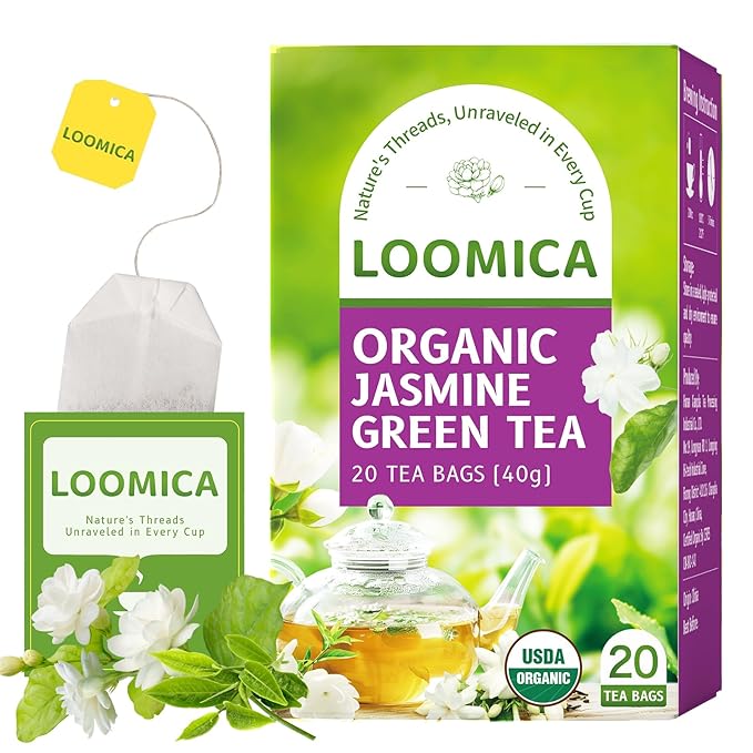 LOOMICA Organic Jasmine Green Tea Bags, Organic Green Tea with Jasmine Flowers, Refreshing & Aromatic, Floral Infusion for Relaxation, No Sugar Added, 20 Counts