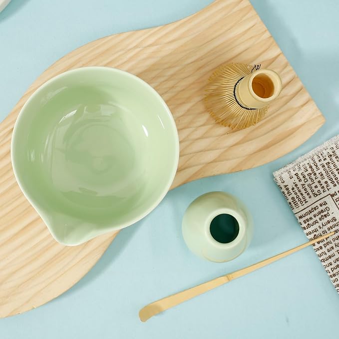 Matcha Whisk Set, 4 Pcs Matcha Set Includes Ceramic Matcha Bowl with Spout, Matcha Whisk Holder, Bamboo Matcha Whisk and Scoop - Green Matcha Tea Set, Cute Matcha Kit Set for Matcha Lovers