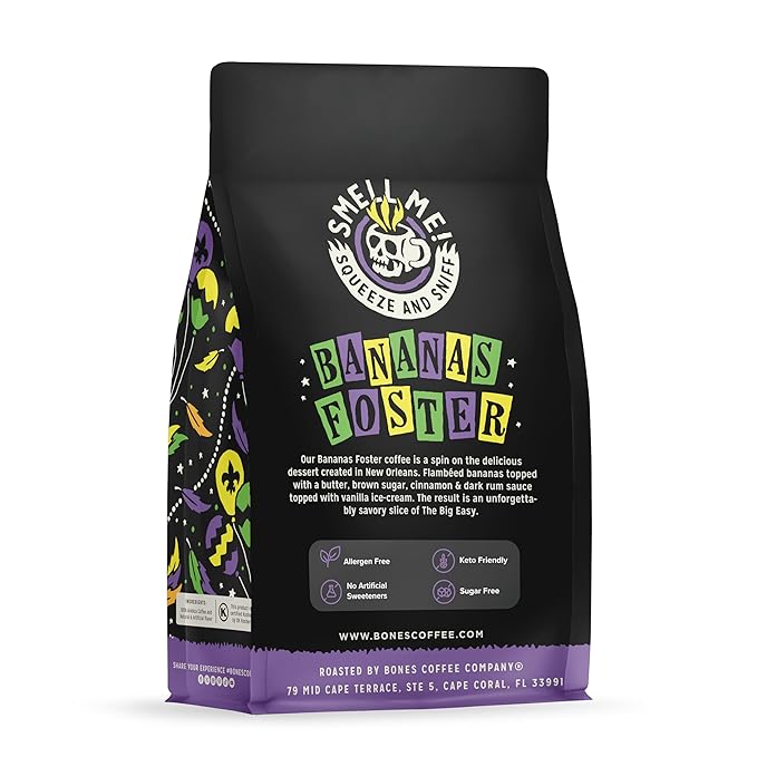 Bones Coffee Company Bananas Foster, Banana, Rum and Vanilla Flavored Coffee, Medium Roast Low Acid Arabica Beans Compatible with Auto drip and French Press Coffee Maker, 12 Oz Ground