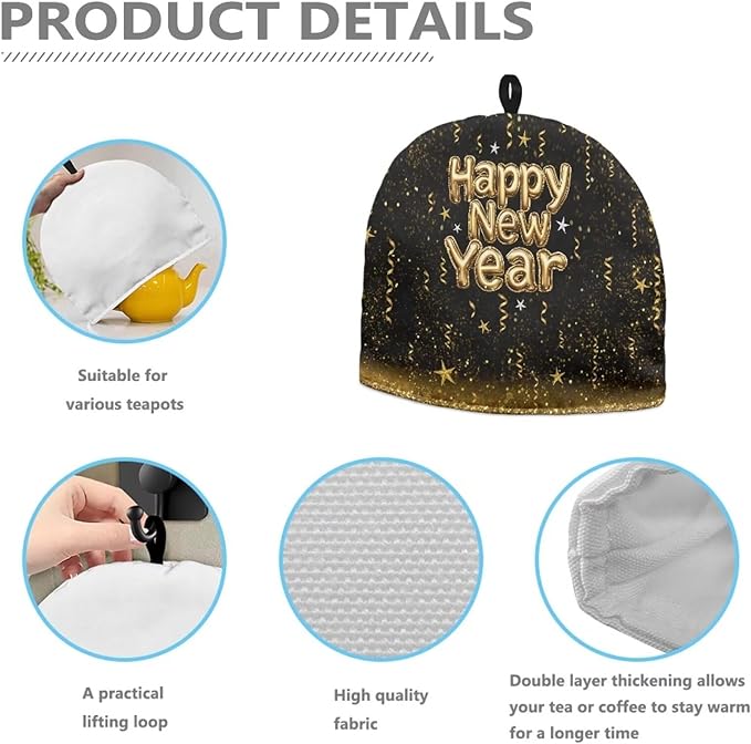 Happy New Year Teapot Insulation Cover Small Tea Pot Cozy Cover with Keep Warming Cotton Teapot Dust Cover Tea Cosy Kitchen Accessories for Home Decor Kettle Cover for Women