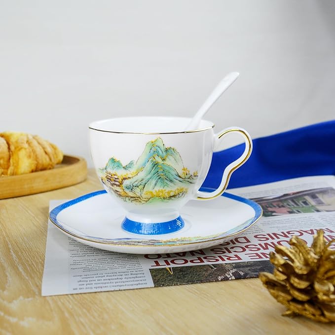 Bone China Tea Cup and Saucer Set, Bone China Coffee Cups and Saucers, Vintage Blue and White TeaCups snd Saucers Gift for Mom Friend Tea Party (Blue D)